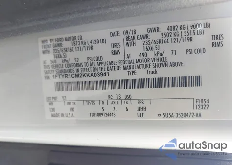 2019 Ford Transit-250 from USA, damaged, VIN 1FTYR1CM2KKA03941